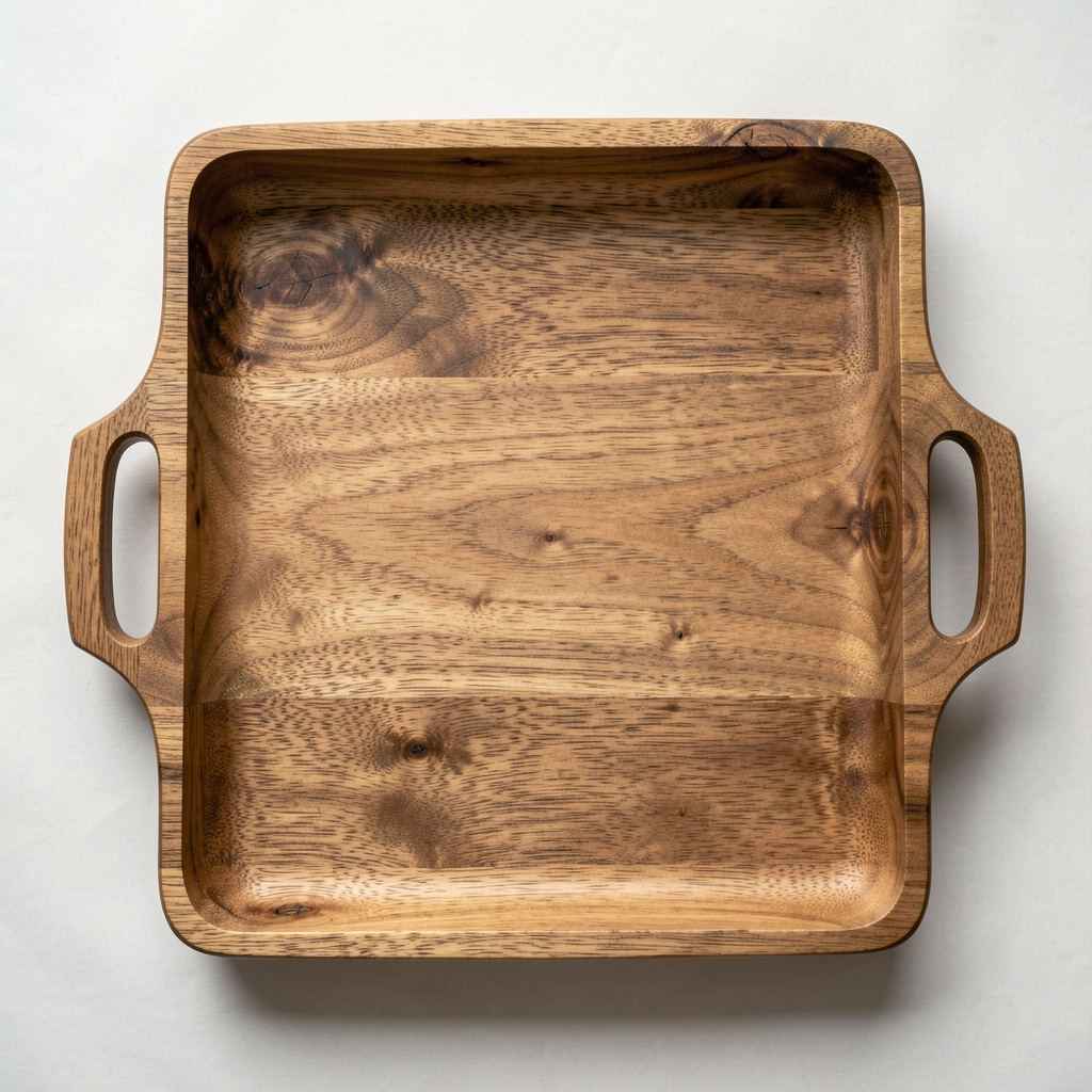Bandeja rectangular de madera con asas laterales y textura natural fotografiada desde arriba