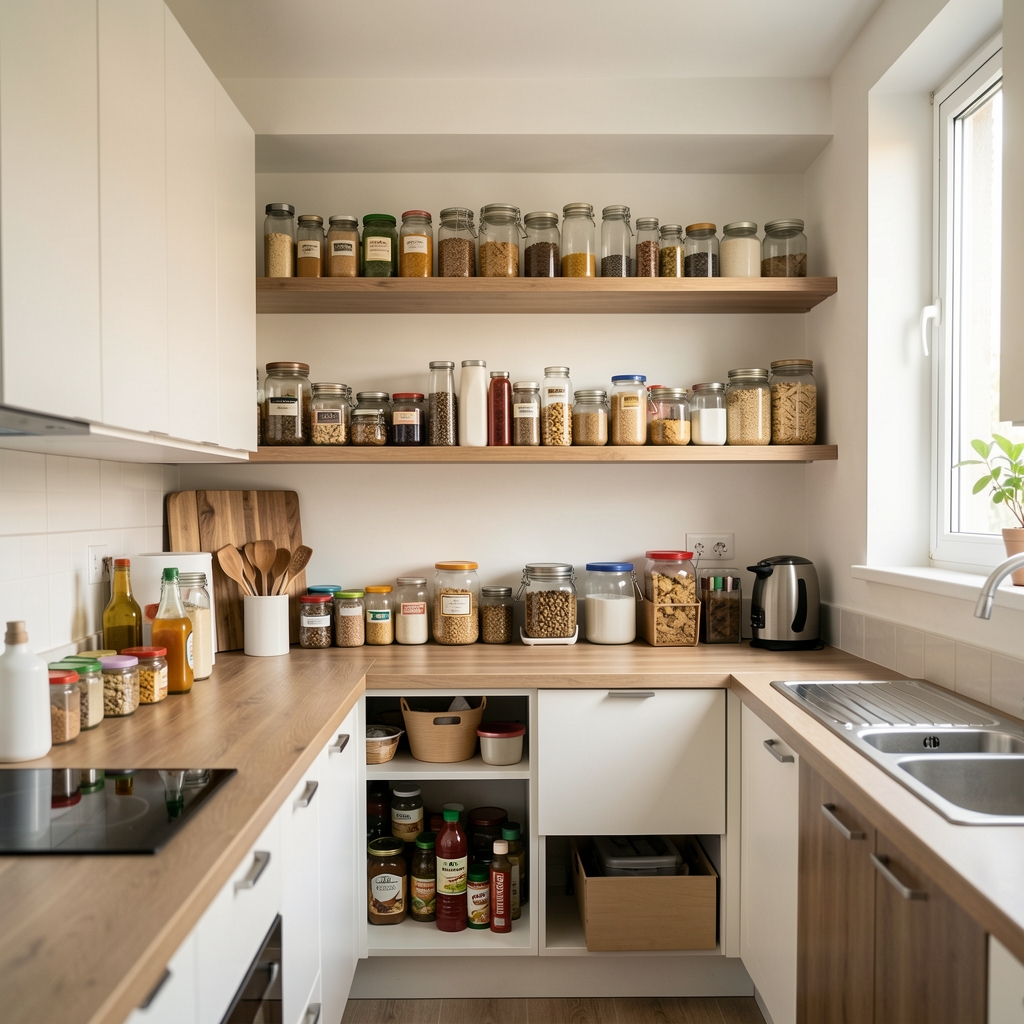 Interior de cocina compacta con frascos y organizadores distribuidos por zonas de uso