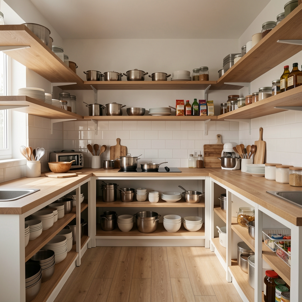 Cocina pequeña con estantes abiertos ordenados por zonas de preparación y almacenamiento sin personas