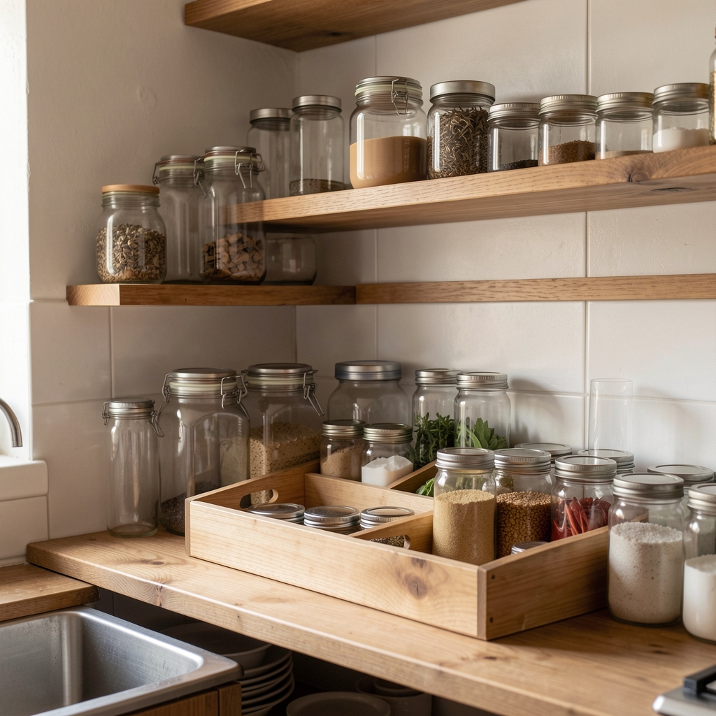 Cocina pequeña con frascos transparentes y bandeja organizadora distribuidos en estantes de madera