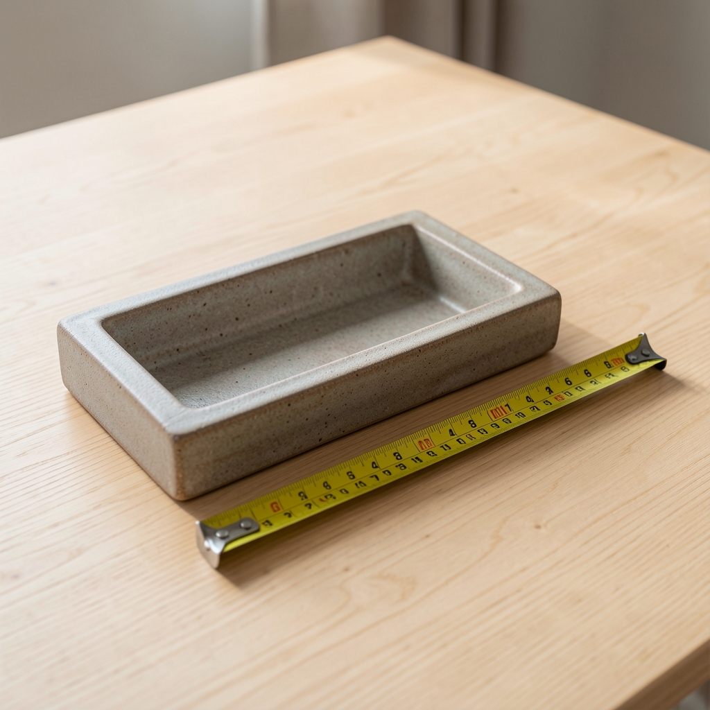Fuente rectangular de cerámica junto a una cinta métrica midiendo el ancho total sobre mesa de madera clara