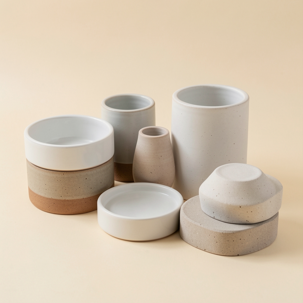 Piezas de cerámica, porcelana y gres agrupadas por textura sobre fondo crema para comparar acabados