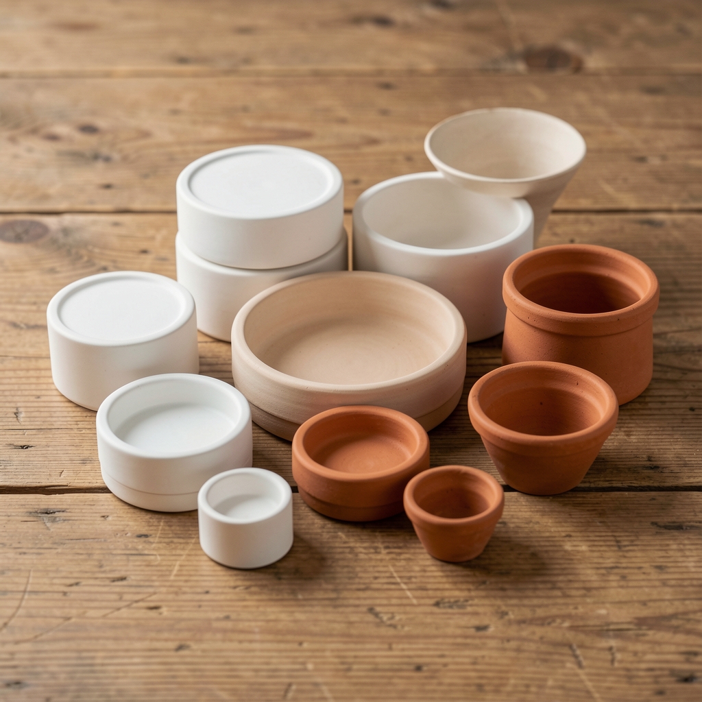 Platos blancos y terracota de distintos tamaños ordenados por diámetro sobre una mesa de madera
