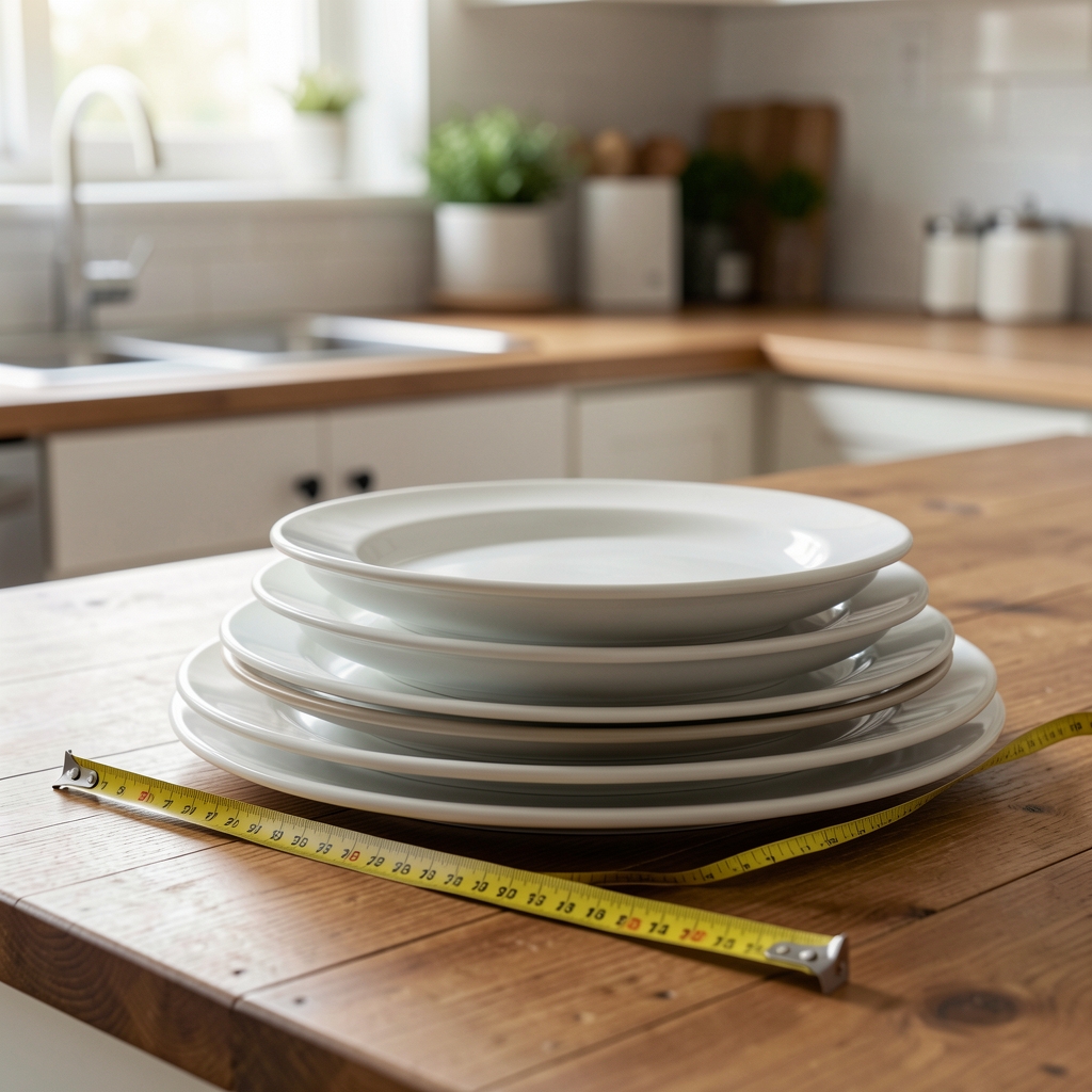 Platos de distintos diámetros apilados junto a una cinta métrica sobre una mesa de cocina