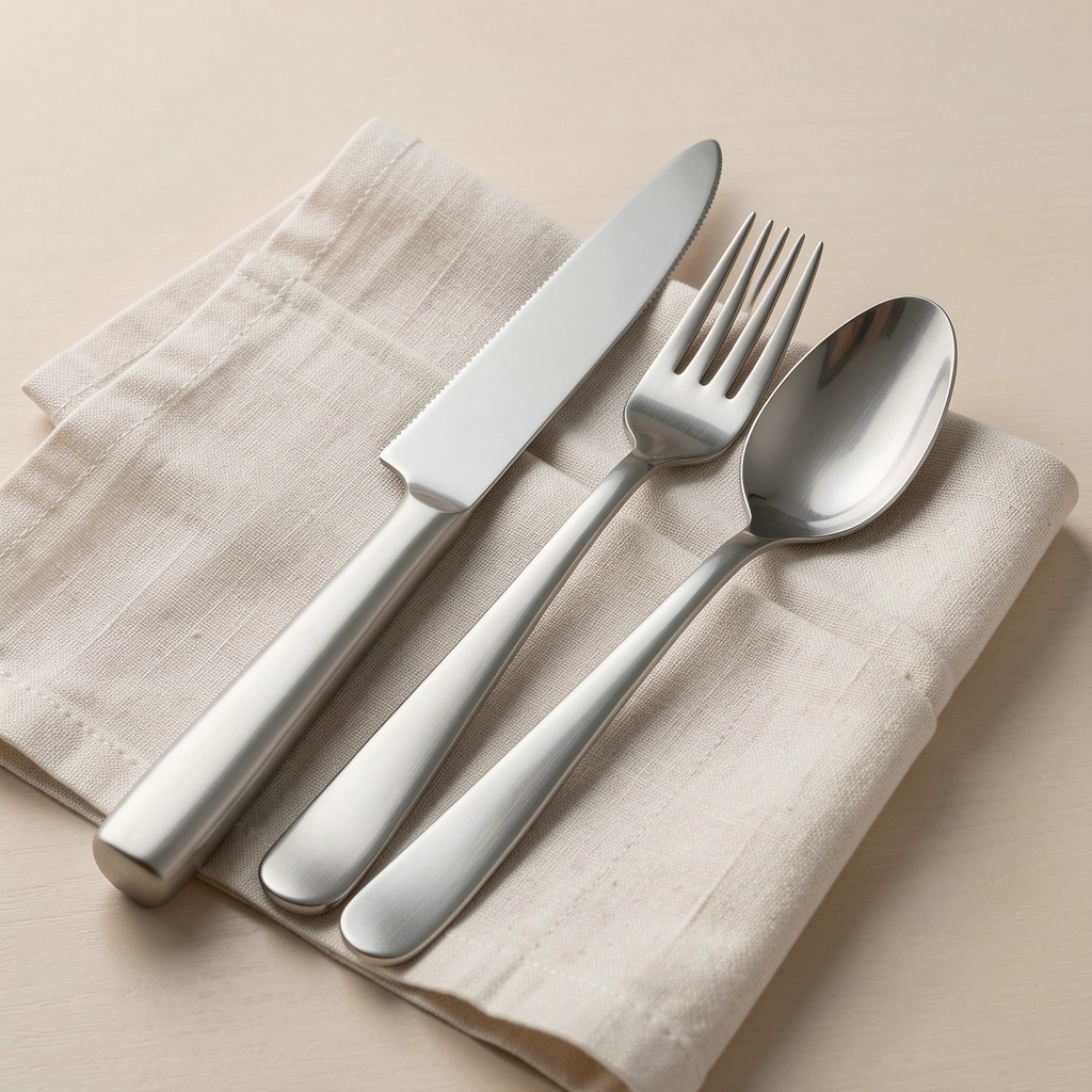 Cuchillo, tenedor y cuchara de acero inoxidable con terminación mate apoyados sobre una servilleta de tela clara