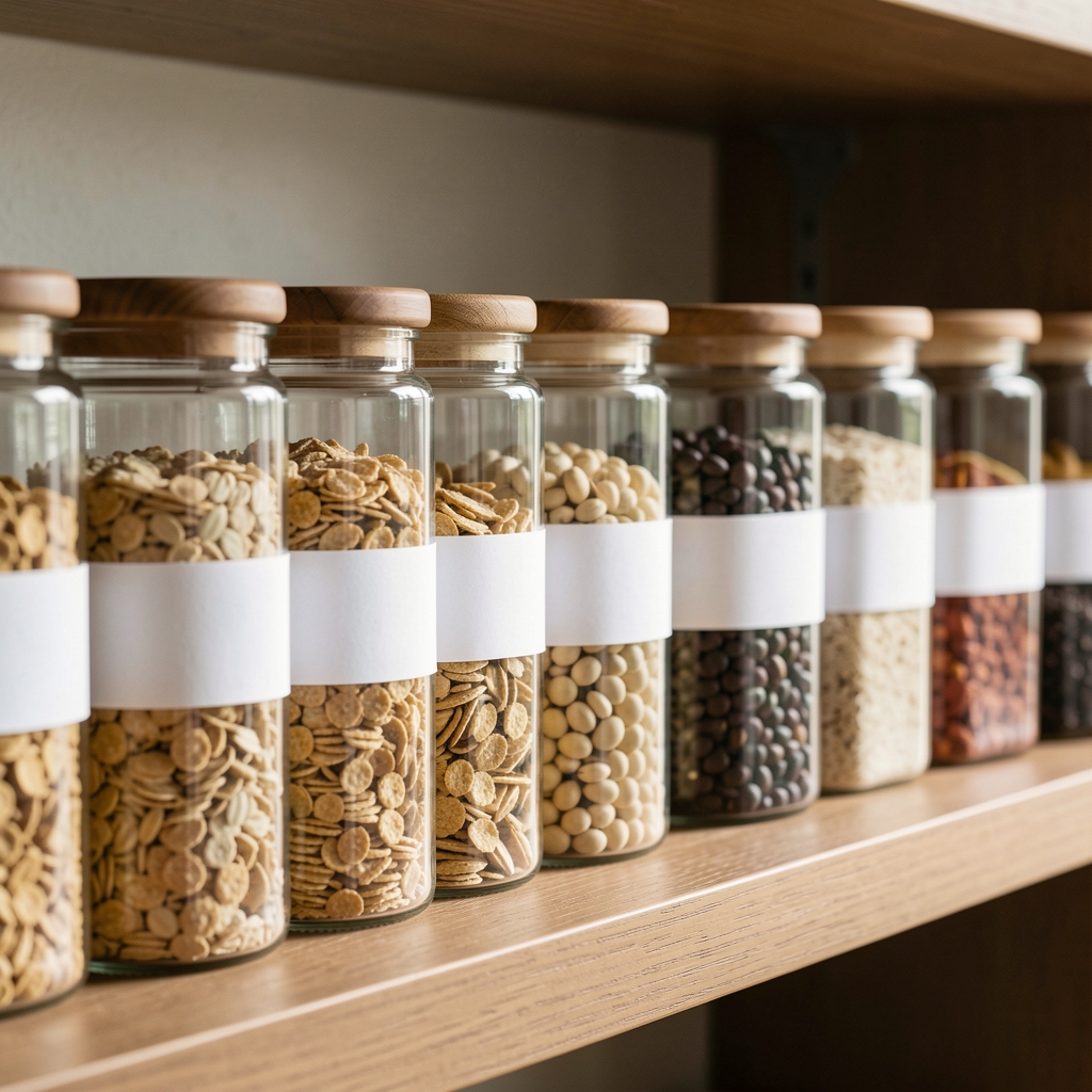 Frascos transparentes con tapas de madera alineados en una repisa y etiquetados para cereales y legumbres