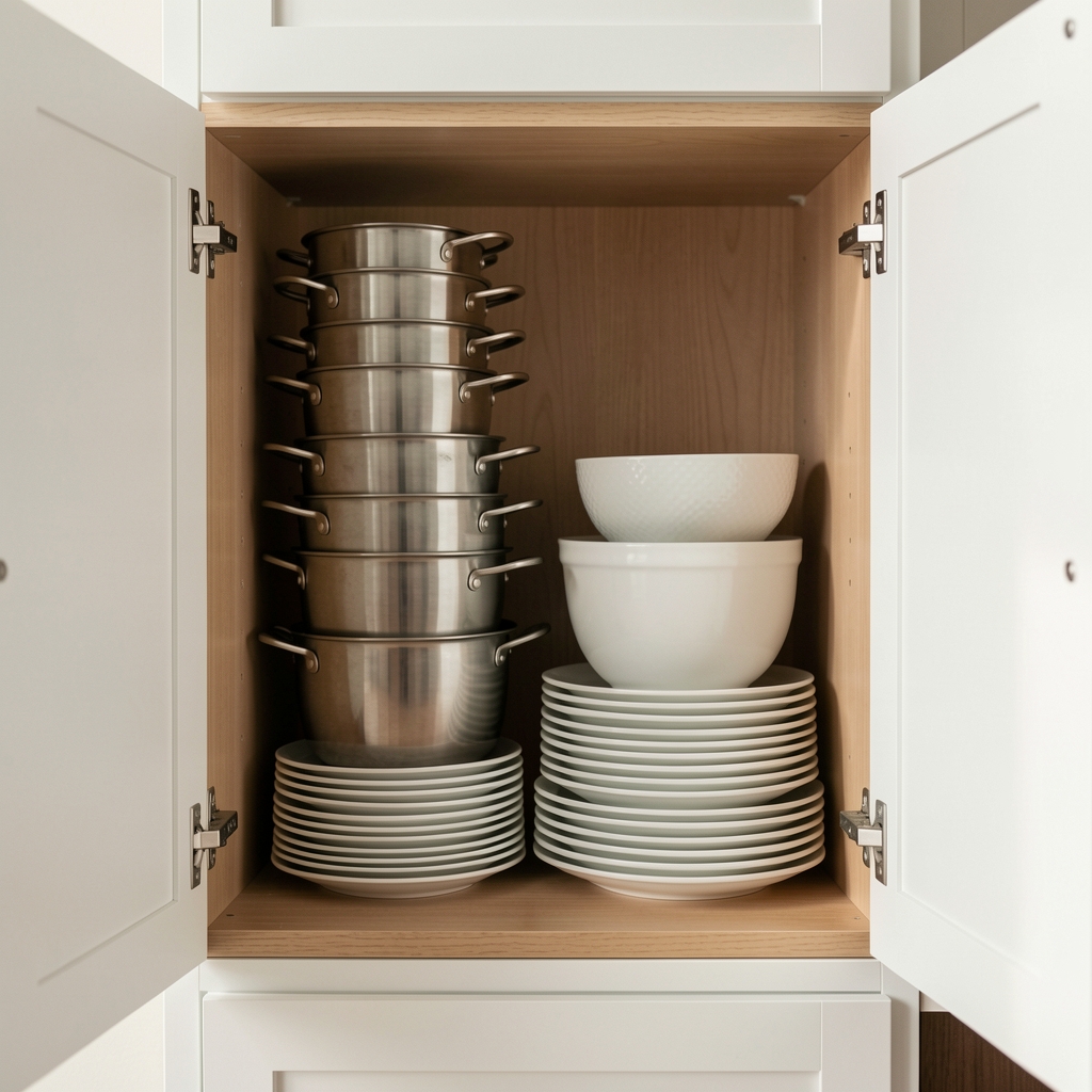 Estante de cocina abierto mostrando fuentes apiladas verticalmente junto a platos organizados por tamaño