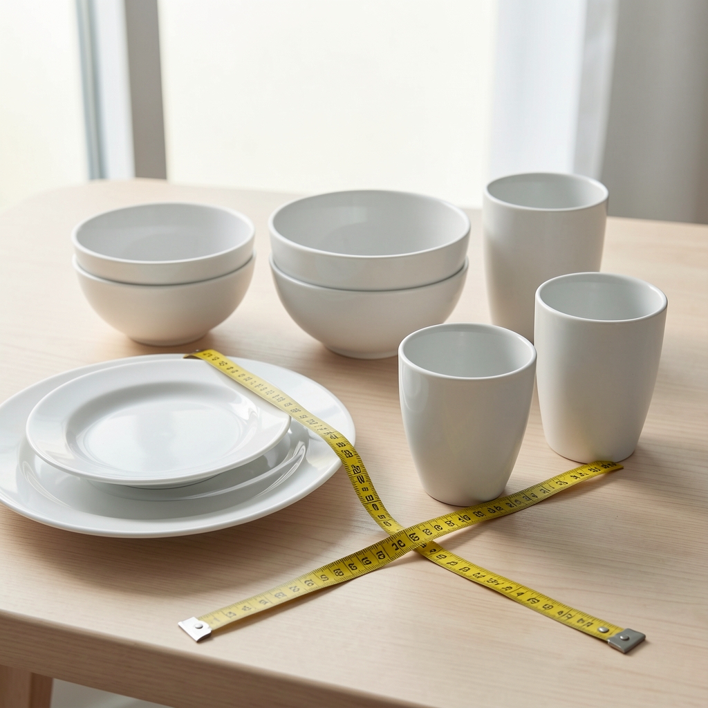 Cinta métrica junto a platos, cuencos y vasos sobre una mesa clara mostrando cómo tomar medidas de vajilla