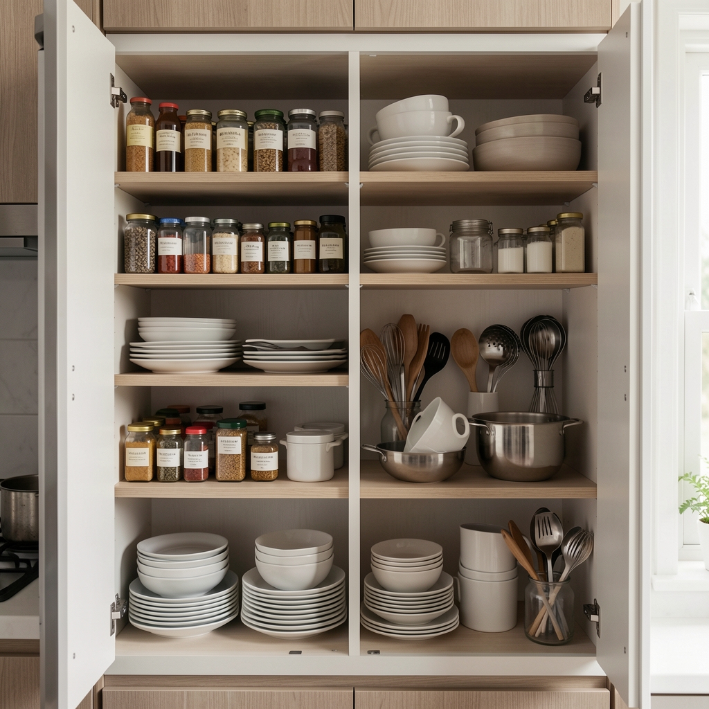 Cocina compacta con estantes abiertos ordenados por zonas mostrando frascos, bandejas y utensilios agrupados