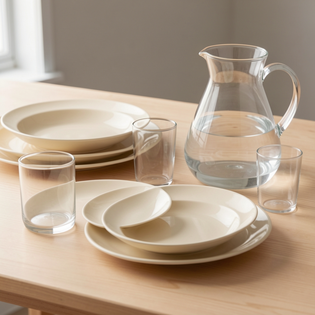 Composición editorial de platos de cerámica crema, vasos transparentes y jarra de vidrio sobre una mesa de madera clara sin personas