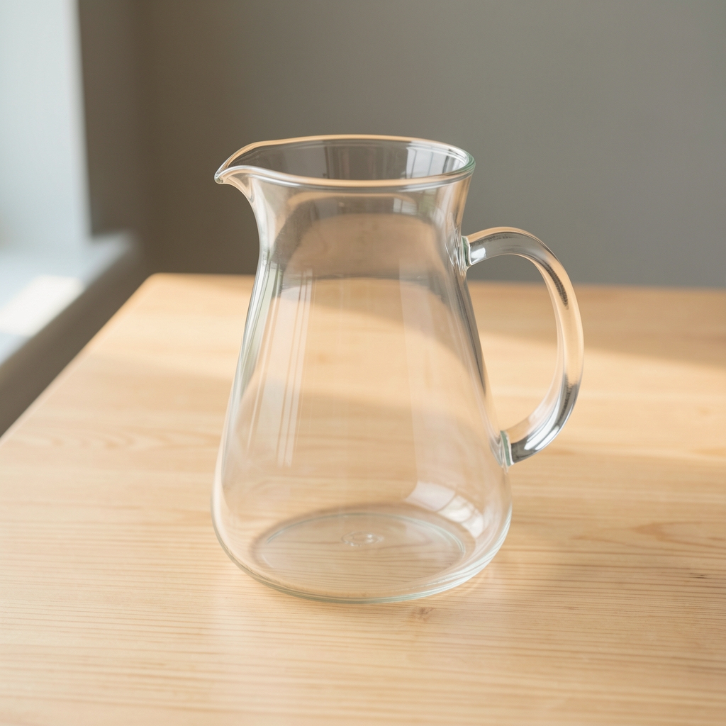 Jarra de vidrio transparente con asa y pico vertedor sobre mesa de madera clara