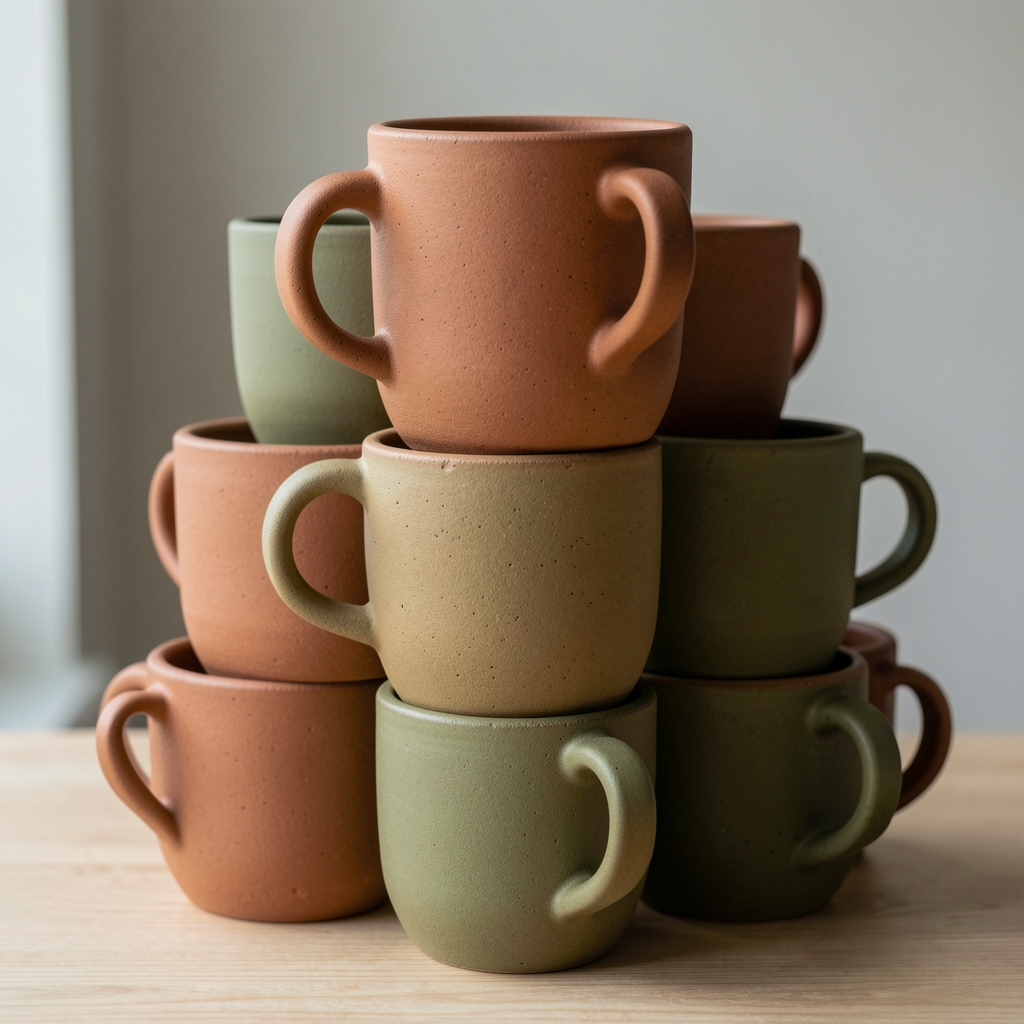 Tazas de gres en tonos tierra y verde oliva apiladas mostrando el grosor característico del material