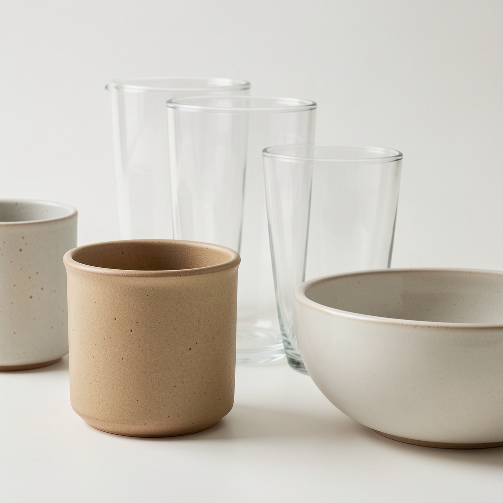 Detalle de tazas de gres, vasos de vidrio y cuenco de porcelana mostrando diferentes texturas de materiales sobre fondo claro