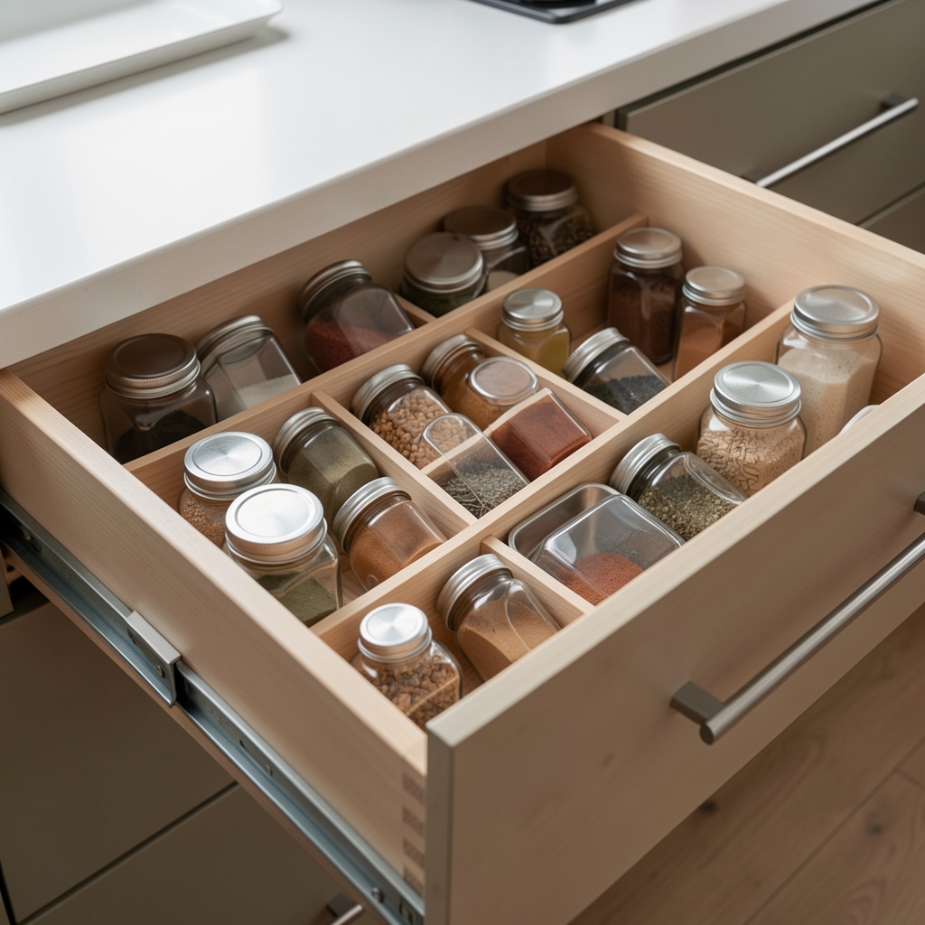 Organizadores modulares de madera y metal acomodando frascos de cocina en un cajón amplio