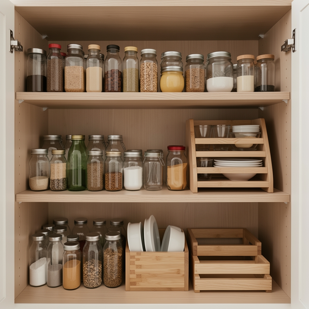 Estantes de cocina compacta con frascos de vidrio, bandejas y organizadores de madera sin personas visibles