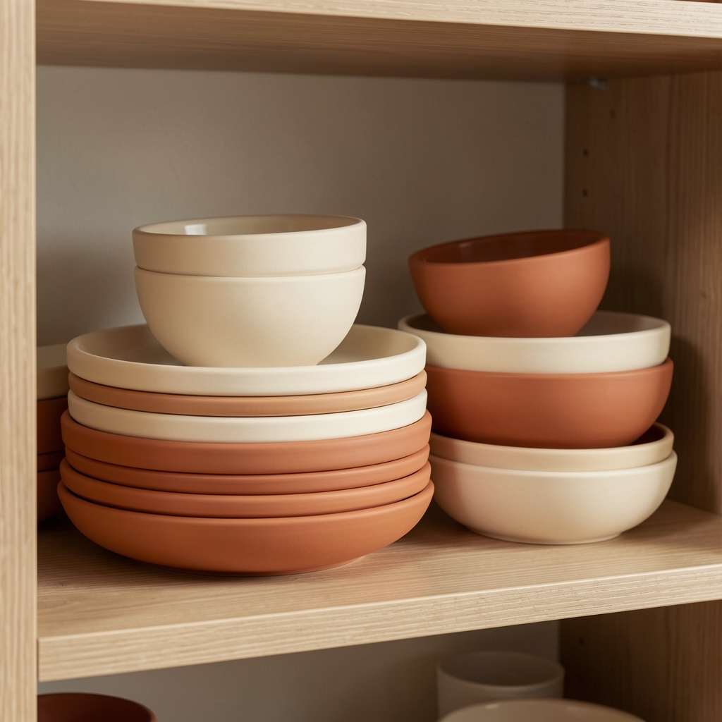 Conjunto de platos playos y hondos de cerámica en tonos crema y terracota apilados sobre estante abierto