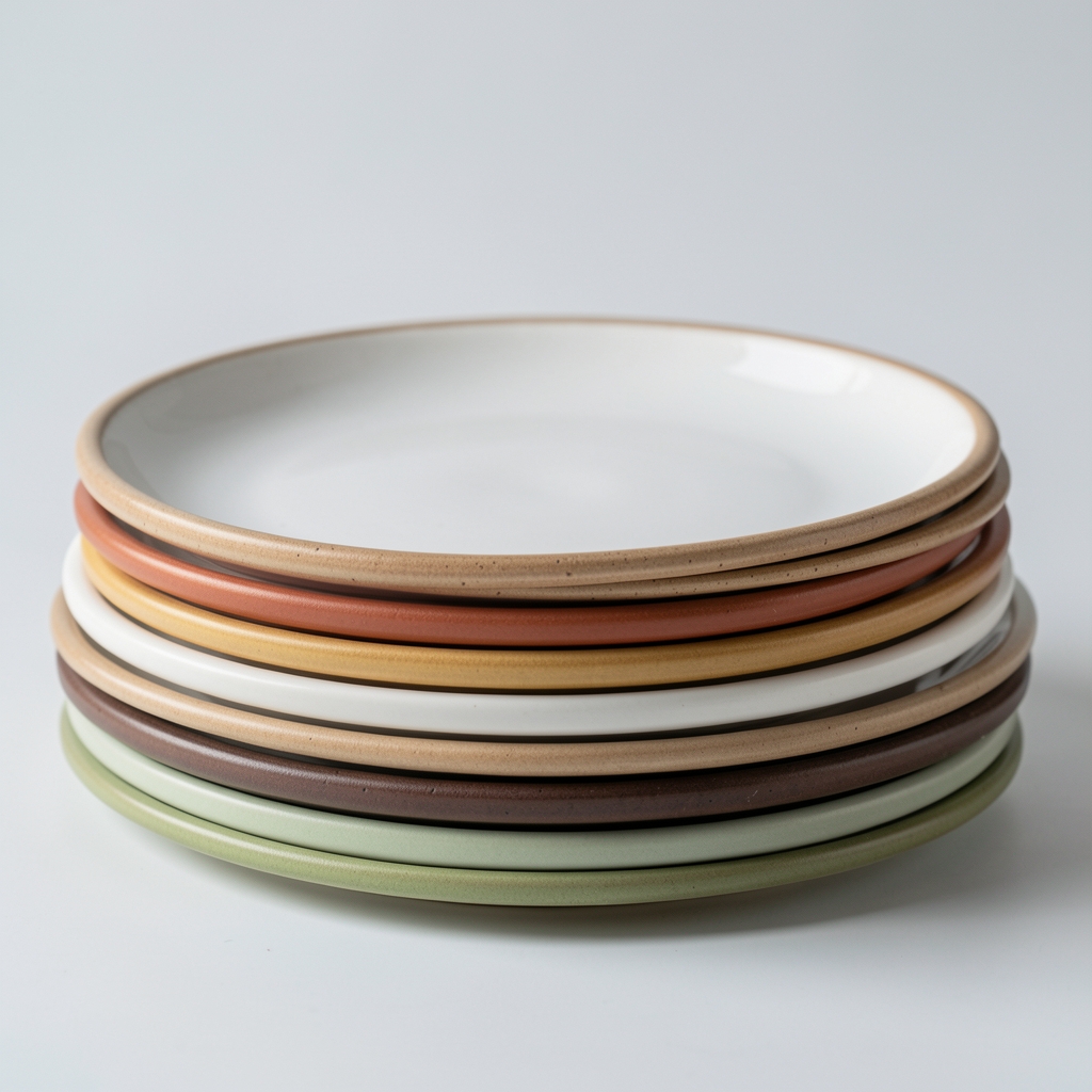 Comparación de platos de cerámica, porcelana y gres apilados mostrando diferencias de espesor y color