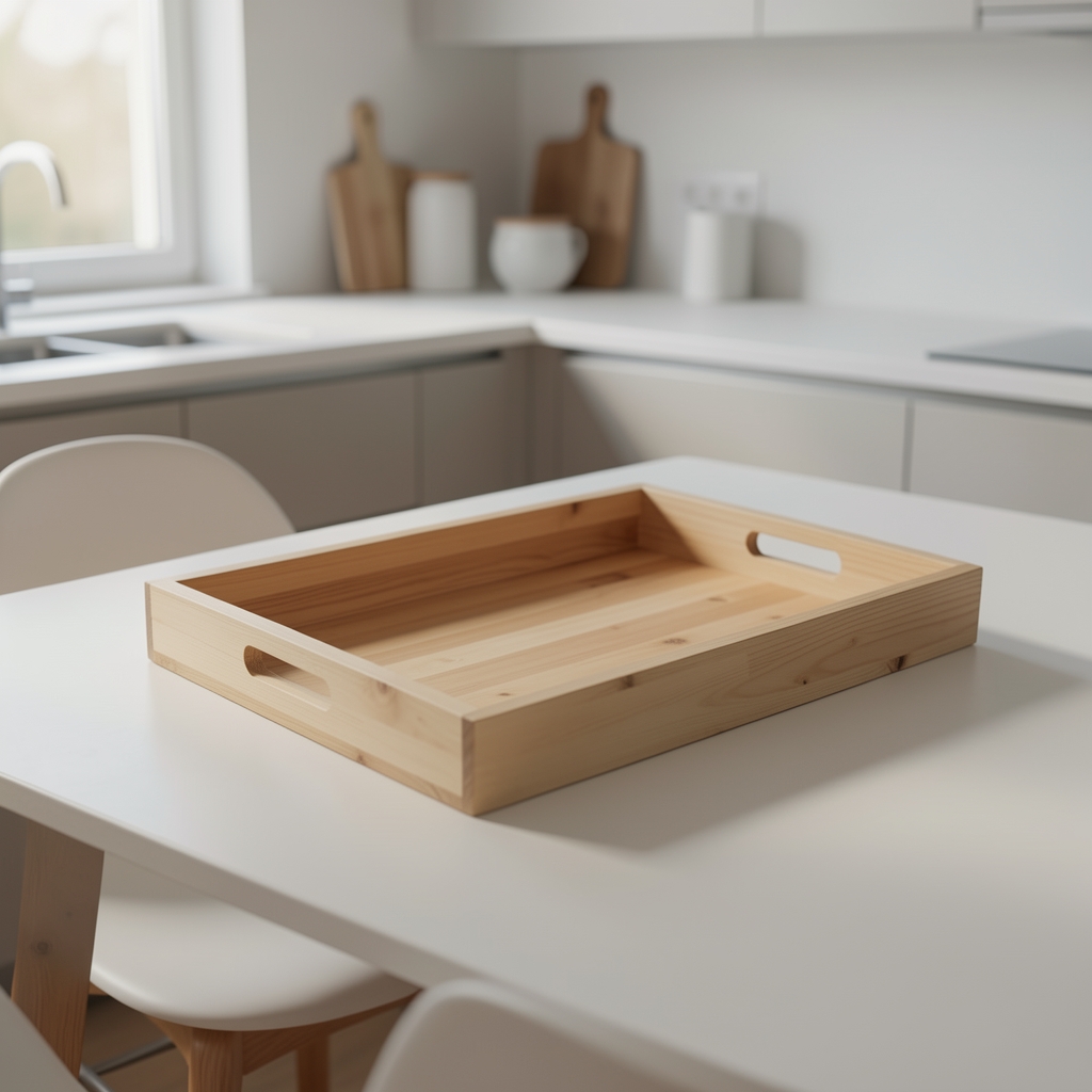 Bandeja rectangular de madera clara con asas recortadas sobre una mesa minimalista de cocina