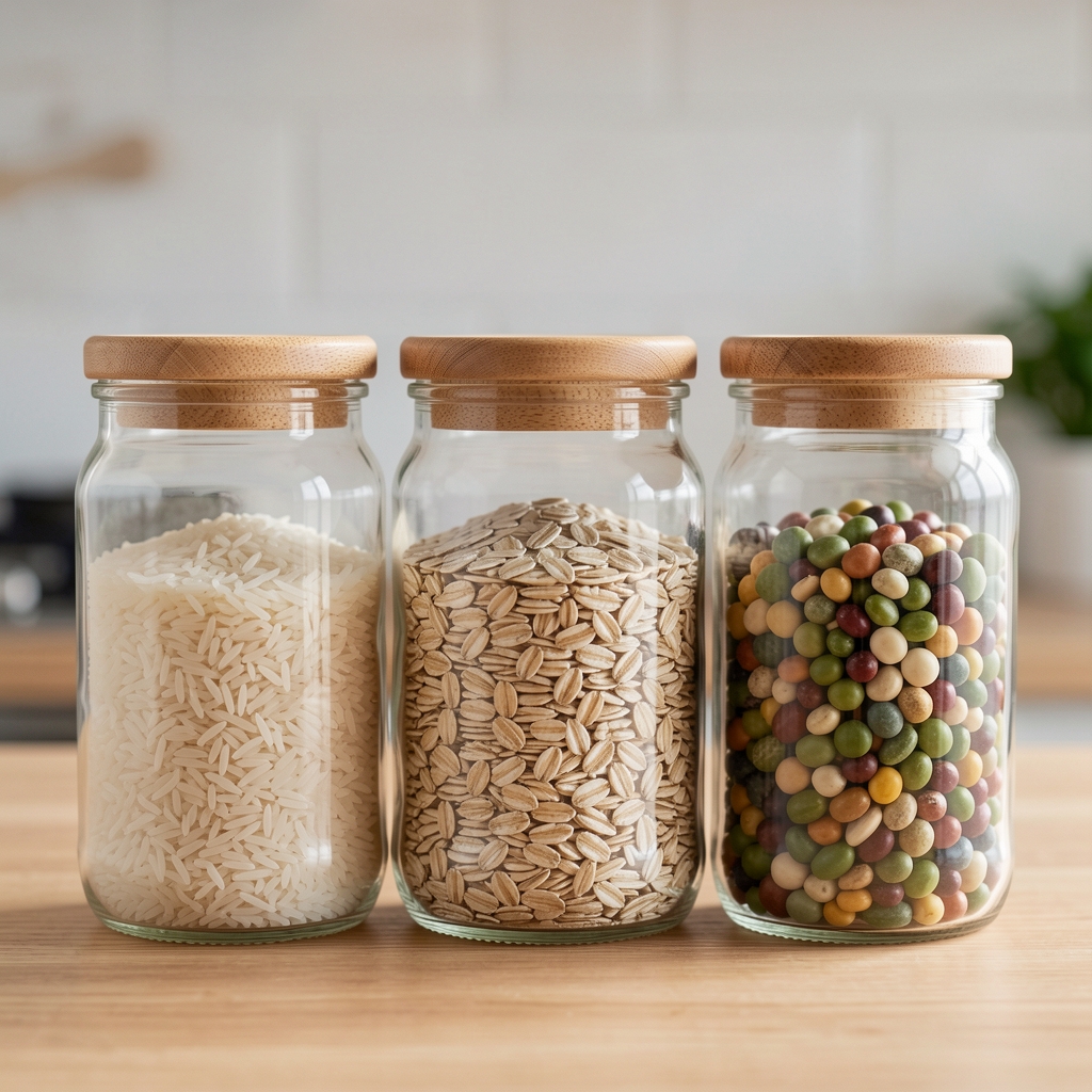 Tres frascos de vidrio para cocina con tapas de madera etiquetados para arroz, avena y legumbres