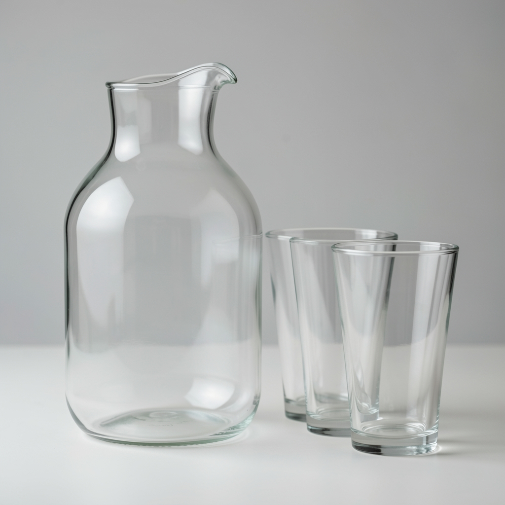 Jarra de vidrio transparente de un litro con pico vertedor y base estable junto a vasos lisos