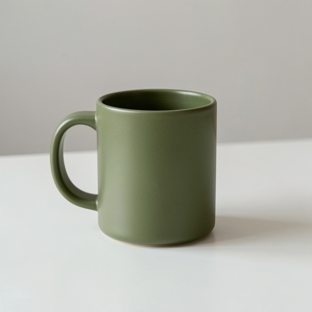 Taza de gres verde oliva con asa ancha y capacidad de 320 mililitros sobre mesa clara