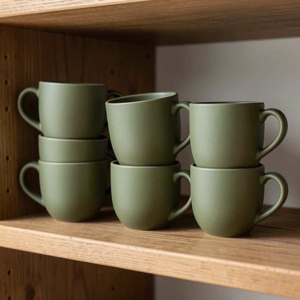 Set de tazas de gres verde oliva con textura mate apiladas sobre estante de madera