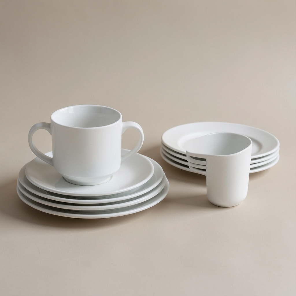 Tazas de porcelana blanca de paredes finas junto a platillos a juego sobre fondo neutro