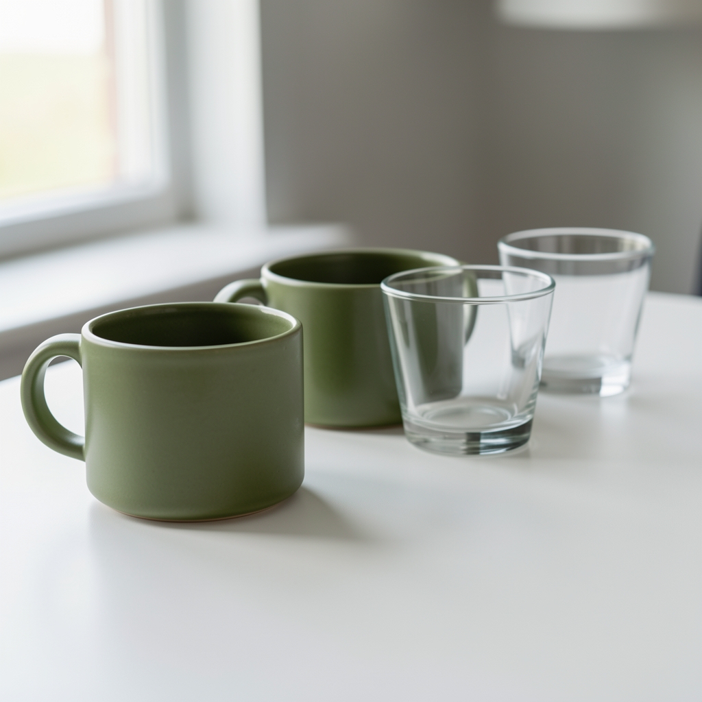 Tazas de gres verde oliva y vasos de vidrio transparente alineados sobre una mesa clara sin personas