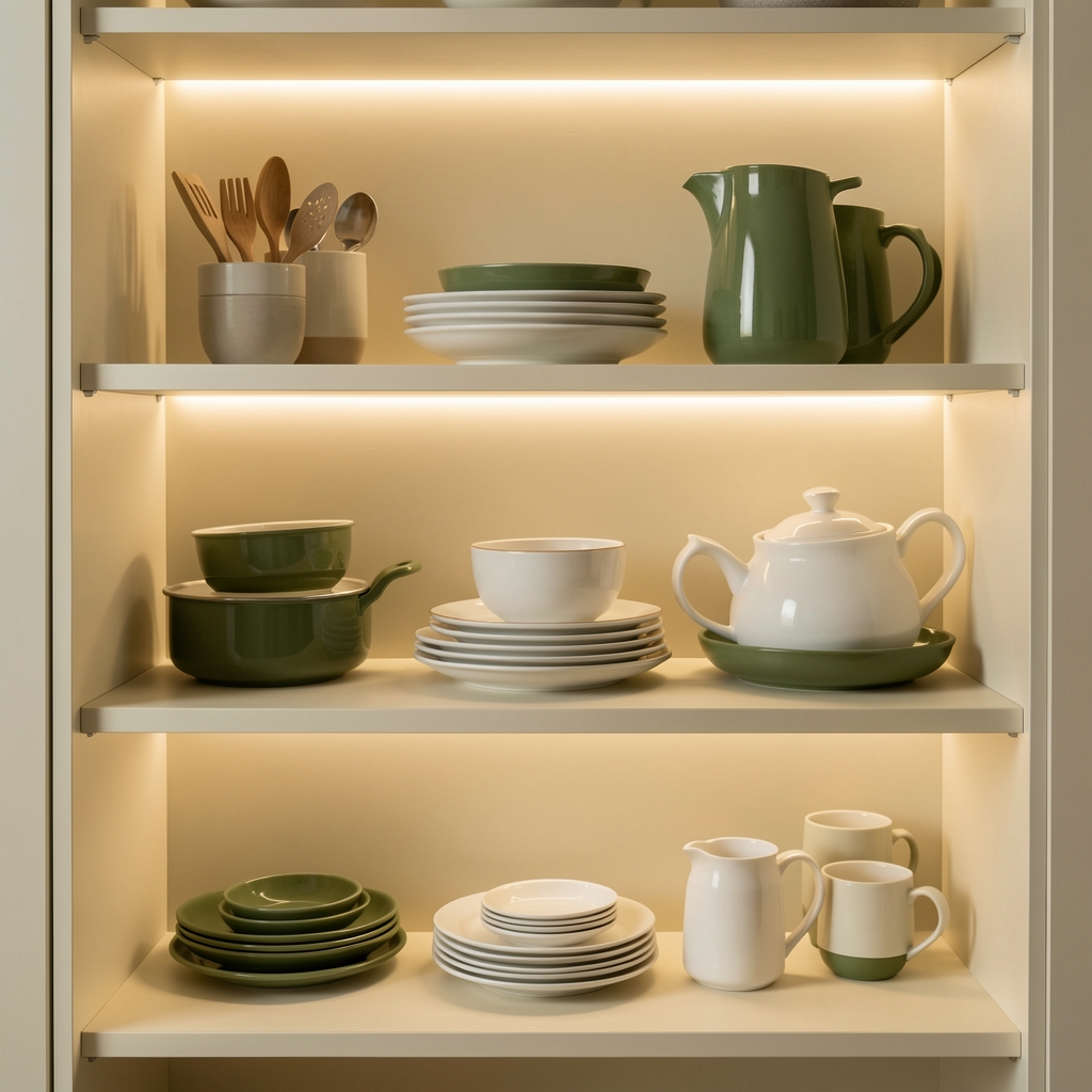 Composición de objetos de cocina y mesa en una estantería luminosa con tonos crema y verde oliva sin personas