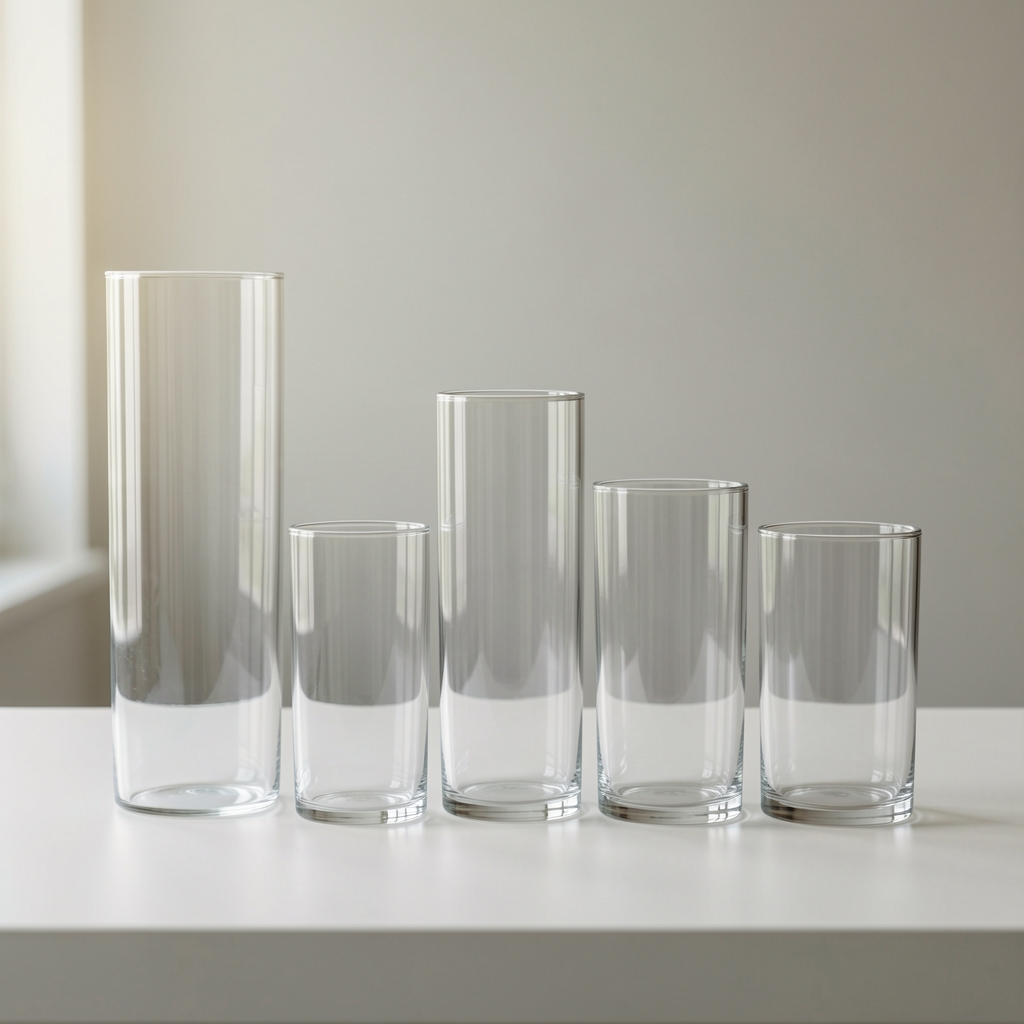 Vasos de vidrio transparente de distintas alturas ordenados en fila sobre mesada clara